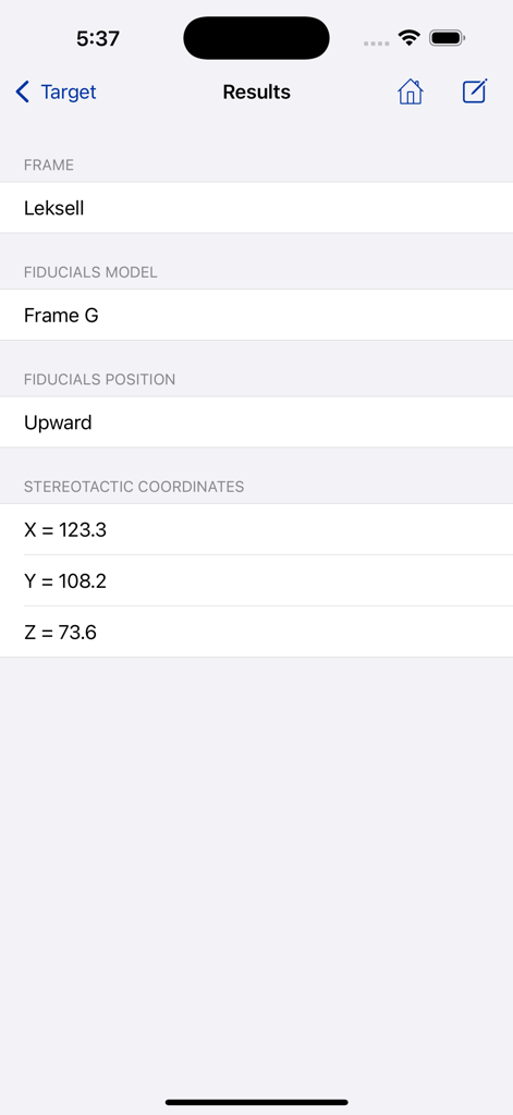 StereoCheck - StereoCheck app results screen showing calculated stereotactic coordinates X Y and Z for a Leksell frame