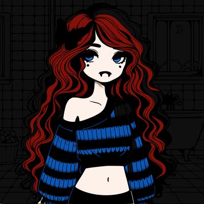 vampire-girl with long natural curly hair with blue butterfly hair clip, in emty bathroom wearing knitted and striped sweater over black crop top