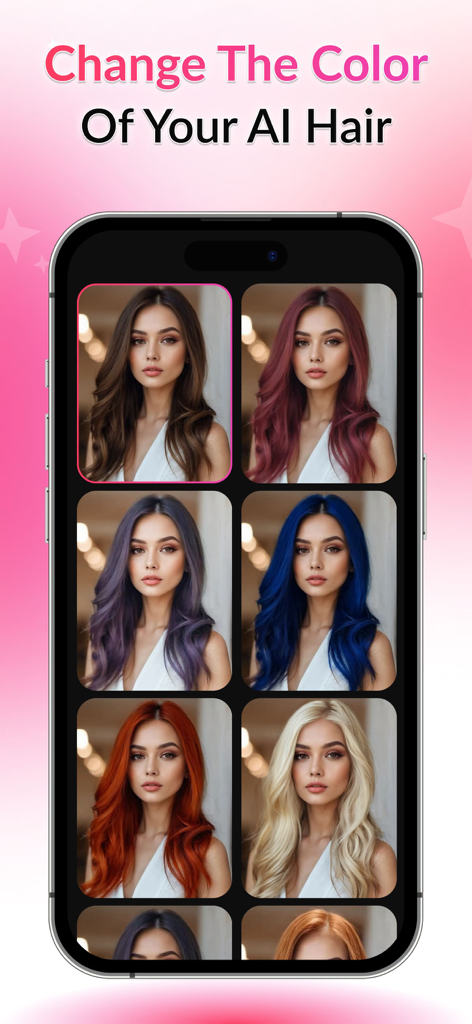 AI Hairstyle Try On: Color Cut - Mobile app interface showing a grid of six different virtual hair color options applied to a woman portrait using AI