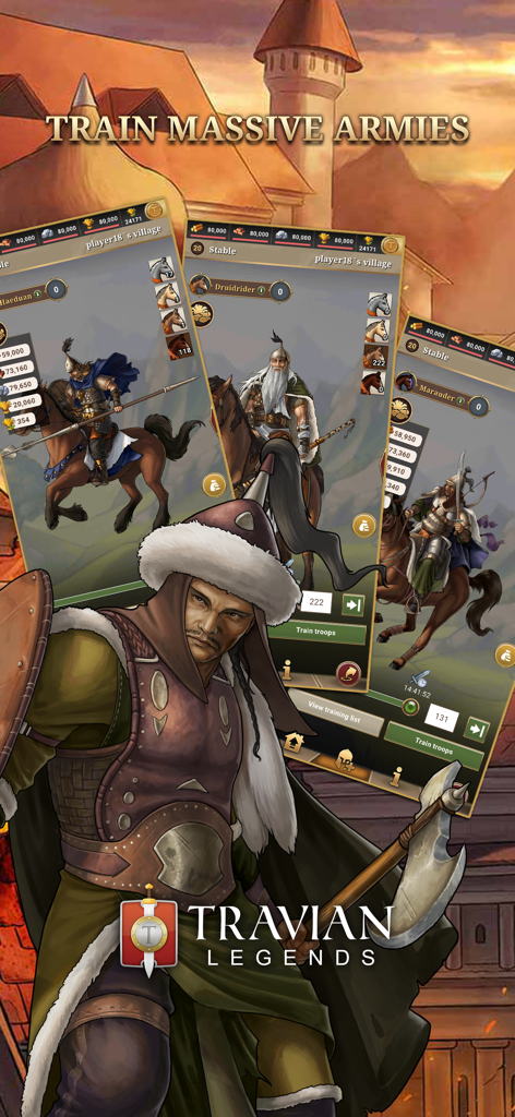 Interfaccia di gioco mobile di Travian Legends per addestrare eserciti massicci e unità montate