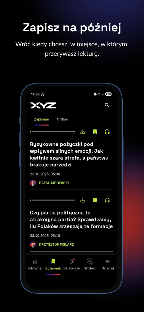 XYZ - Un teléfono inteligente mostrando la sección de artículos guardados de la app de noticias XYZ