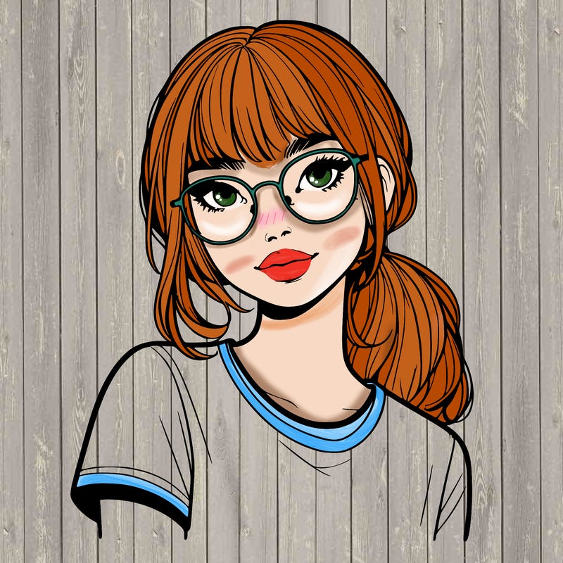 realistic girl with freckles and clear glasses