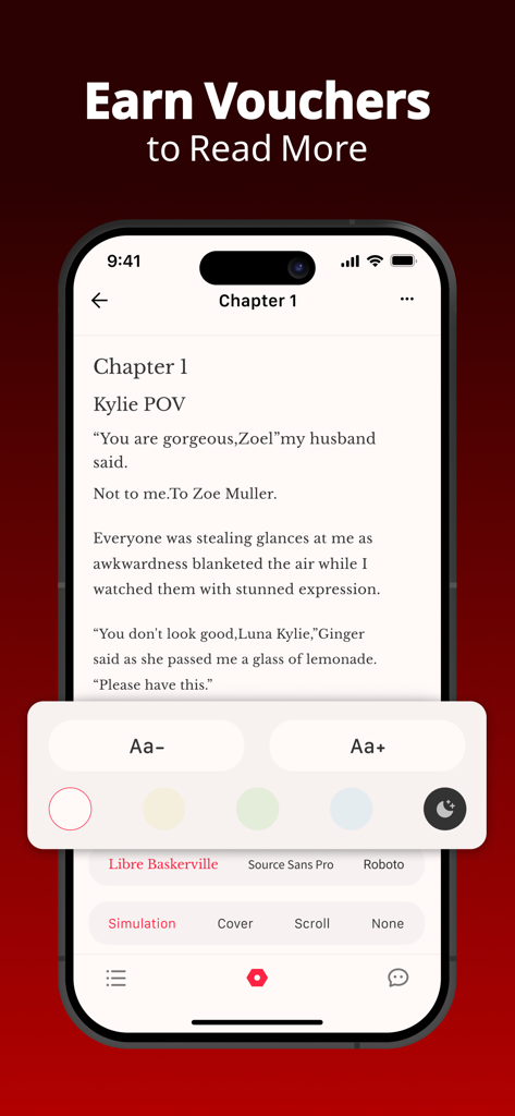 LeReader mobile app reading interface showing text customization options like font size background colors and page flip effects