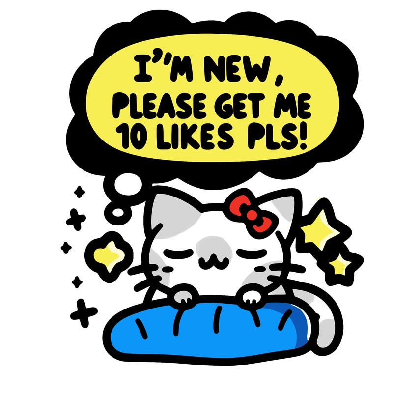 kitty taking a nap dream talking and saying "i'm new, please get me at least 10 likes pls!!"