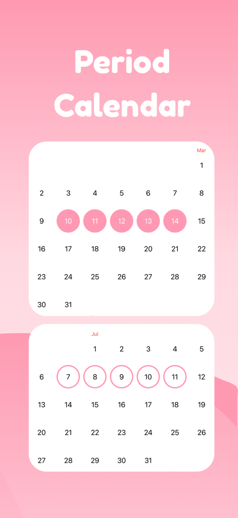 Period tracker - roony - Interfaz del calendario de período en la aplicación Roony que muestra las fechas del ciclo menstrual rastreadas.