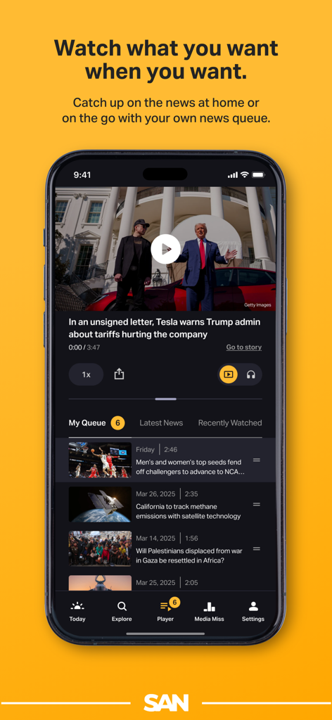 Interface do aplicativo Straight Arrow News mostrando um reprodutor de vídeo de notícias e uma fila de visualização personalizada