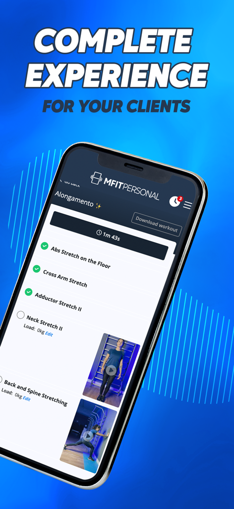 MFIT Personal mobile app interface showing a client workout plan with stretching exercises and video demonstrations