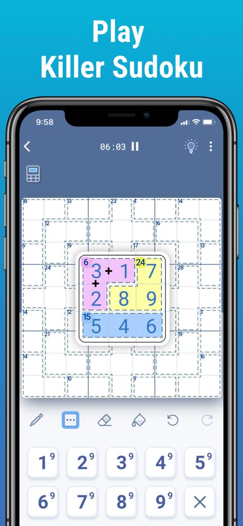 Killer Sudoku by Logic Wiz - Killer Sudoku mobile game interface showing a logic puzzle with cages and sums.