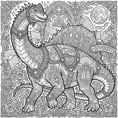 Dive into a uniquely detailed Gothic Alamosaurus coloring page, beautifully entwining ancient power with symbols of Pride. This intricate design invites you to celebrate diversity through a melancholic yet magnificent artistic journey.