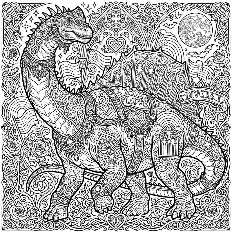 Dive into a uniquely detailed Gothic Alamosaurus coloring page, beautifully entwining ancient power with symbols of Pride. This intricate design invites you to celebrate diversity through a melancholic yet magnificent artistic journey.