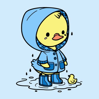baby duck in a rain coat and boots, in a puddle while it’s raining