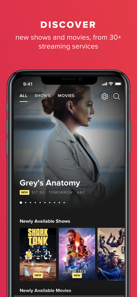 TV Guide: Streaming & Live TV - TVガイドアプリのインターフェースで、Greys AnatomyやShark Tankのような番組のおすすめが表示された「ディスカバー」セクションを示しています。