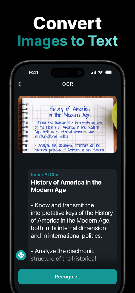 Captura de pantalla de la aplicación Super AI Chat que muestra su función OCR convirtiendo una imagen de notas históricas en texto digital editable.