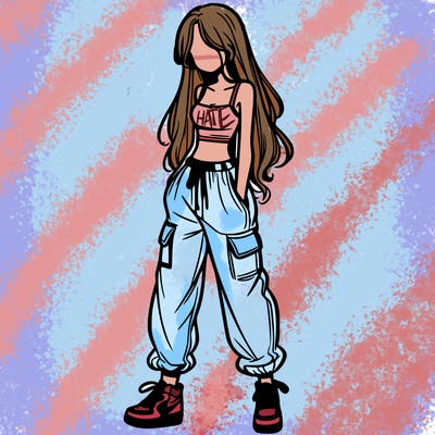 girl in baggy pants crop top and long hair