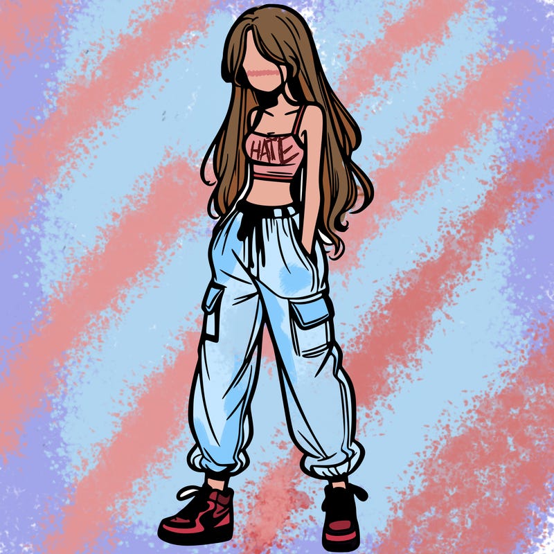girl in baggy pants crop top and long hair