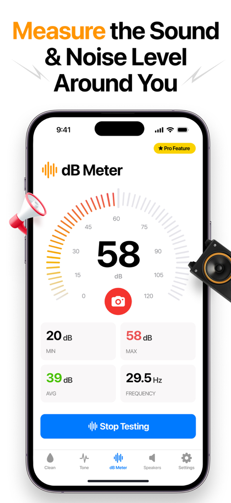 SpeakerTools: Sound Toolkit - A smartphone display showing the decibel meter feature of the SpeakerTools app measuring sound levels.