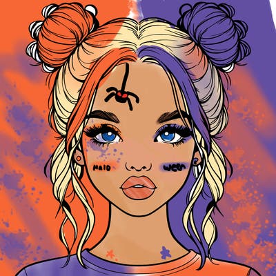 realistic girl with two buns in hair and lips