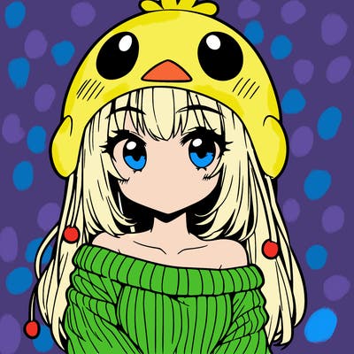 anime girl with chick shaped hat with sweater with bare shoulders with bangs covering them one eye with low tail