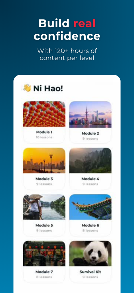 Rocket Languages - Rocket Languages app interface displaying multiple learning modules for a Chinese language course