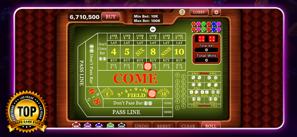 Vegas Slots - 7Heart Casino - 7Heart Casinoモバイルアプリ内のデジタルクラップステーブルインターフェース、ベッティングエリアと仮想ダイスが表示