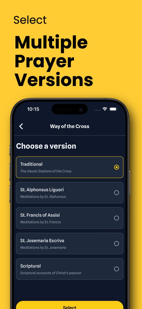 Un écran mobile montrant diverses versions de prière pour le Chemin de Croix, y compris des options traditionnelles et scripturaires
