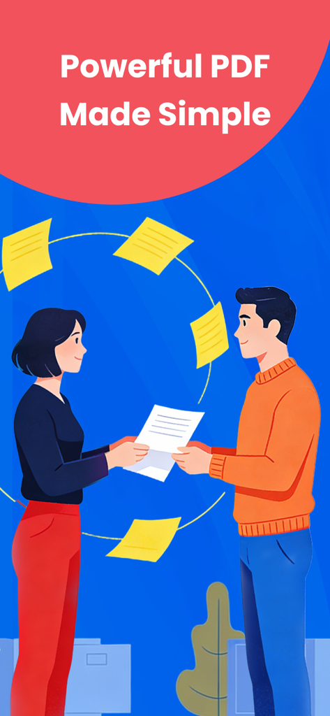 Tidy PDF - AI Scan Edit - An illustration showing a man and a woman exchanging a document with the text Powerful PDF Made Simple at the top
