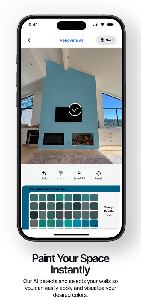 Renovate AI - Home Design - Interface de um aplicativo móvel demonstrando pintura de parede com IA com uma paleta de cores azuis em uma sala de estar