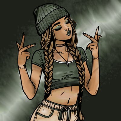 realistic teenage girl with braids and a beanie and crop top doing 🫶🏼