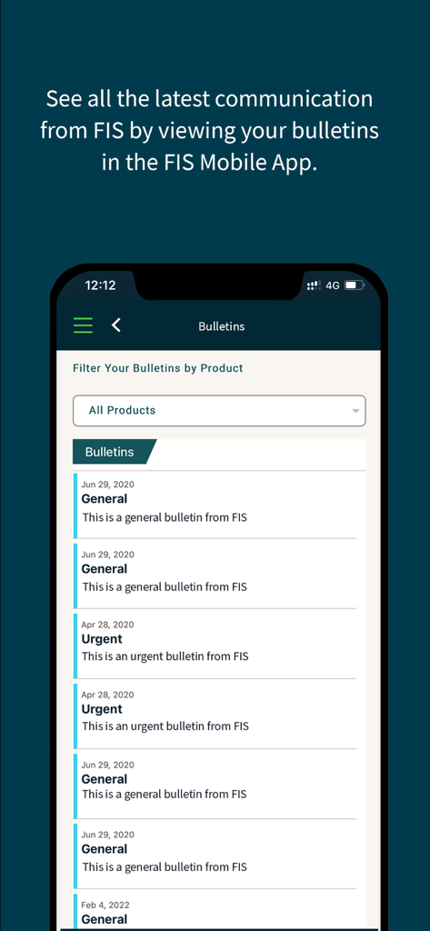 Bulletins screen in the FIS Mobile app showing a list of general and urgent professional communications