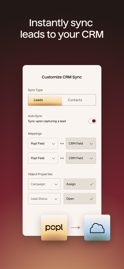 Popl: Digital Business Card - Popl App-Bildschirm zur Anpassung der Lead- und Kontaktsynchronisation mit einem CRM.