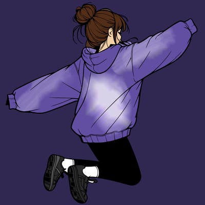 realistic girl jumping with a bun and oversized sweatshirt