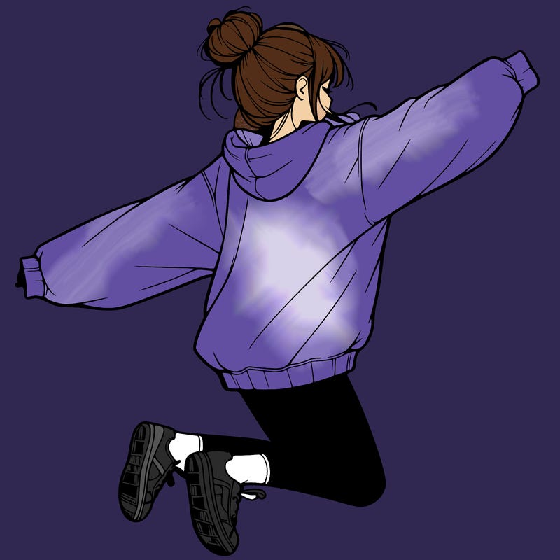 realistic girl jumping with a bun and oversized sweatshirt