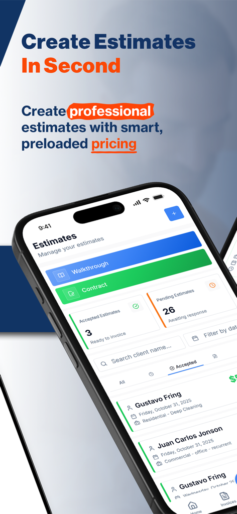 Thunder Pro - Interfaccia dell'app Thunder Pro che mostra una dashboard per la creazione e la gestione di preventivi professionali per le pulizie.
