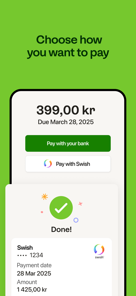 Kivra - Mobile screen showing invoice payment options and a successful transaction confirmation in the Kivra app.