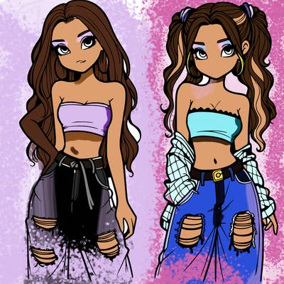 2 girls in crop tops and baggy jeans ripped