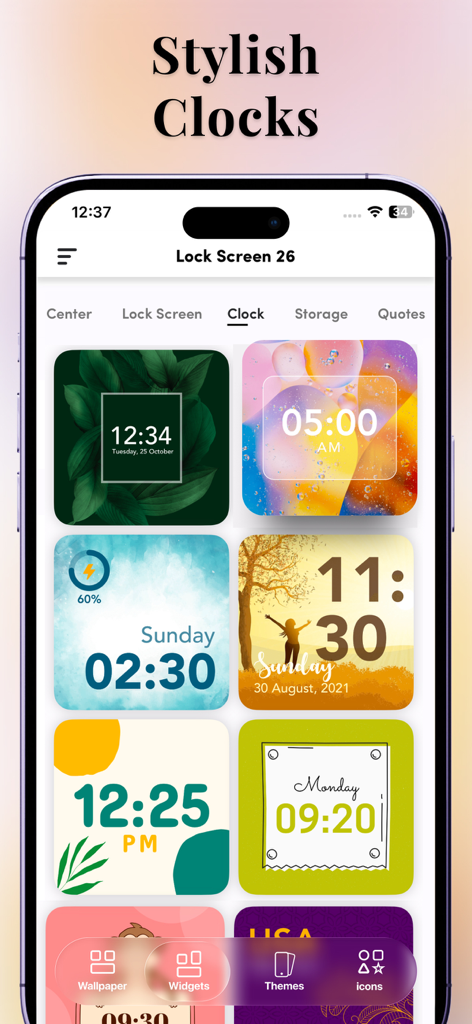 Lock Screen 26: Widgets & Icon - A collection of aesthetic and stylish clock widget designs for iPhone lock screens within the Lock Screen 26 app interface
