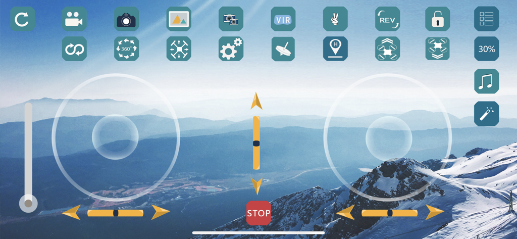 Interface de contrôle du drone WiFi CAM avec flux caméra en direct de montagnes enneigées