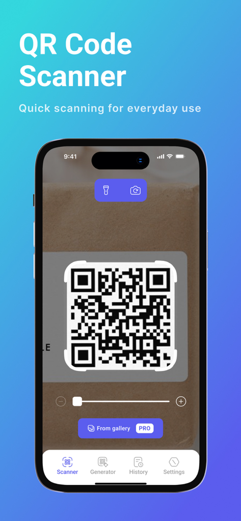 QR und Barcode Fast Reader Pro App-Oberfläche mit der Scanner-Ansicht auf einem iPhone