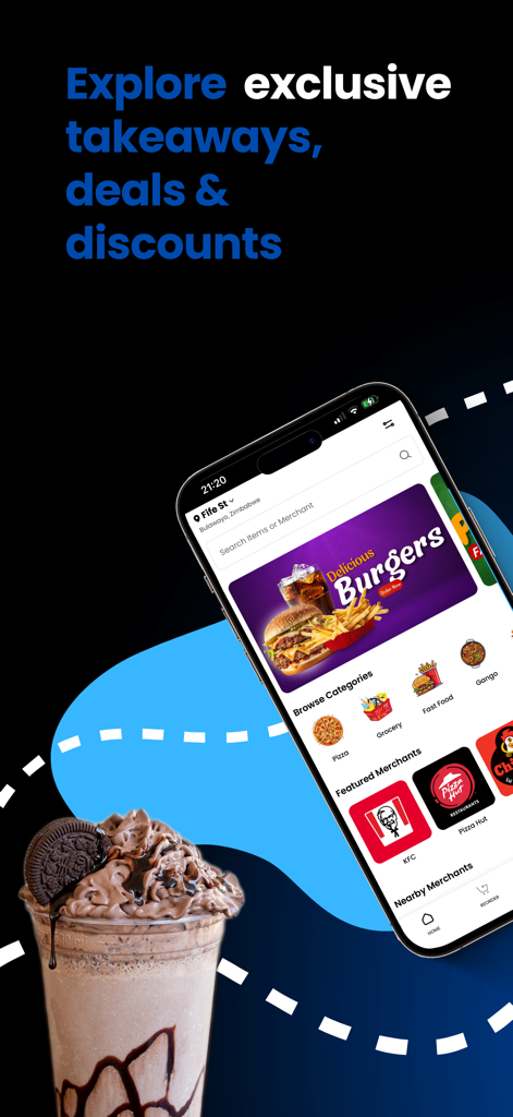 Harare Eats mobile app interface showing food categories and featured merchants like KFC and Pizza Hut