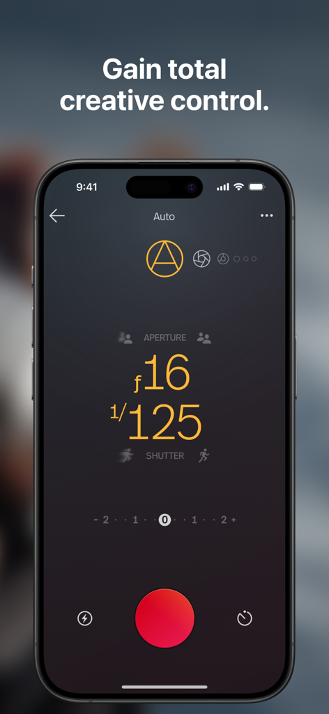 A smartphone displaying the Polaroid app manual camera mode with aperture and shutter speed settings