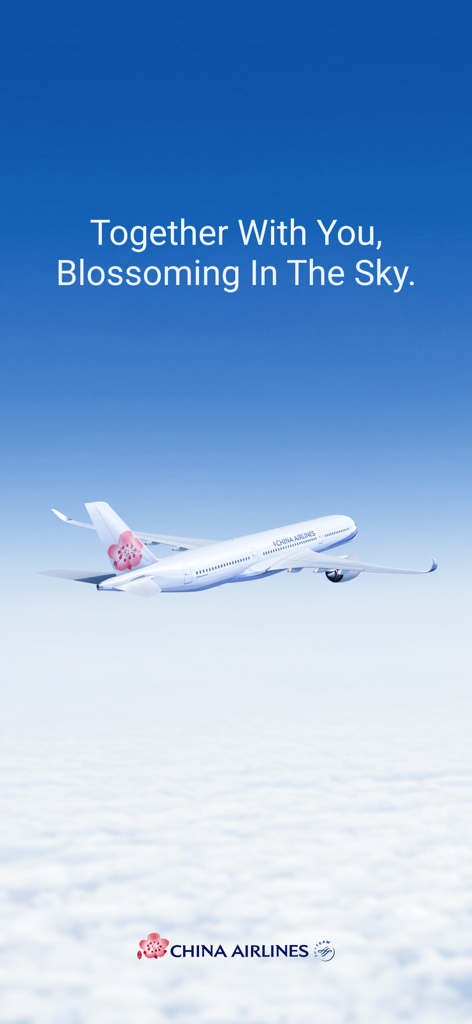 China Airlines App - A China Airlines aircraft flying through a clear blue sky above white clouds with the brand slogan Together With You Blossoming In The Sky