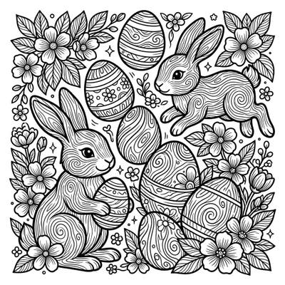 Dive into the festive spirit with this enchanting Easter coloring page, featuring delightful bunnies and beautifully decorated eggs. Each element is intricately designed with captivating wood grain patterns, offering a unique artistic challenge.