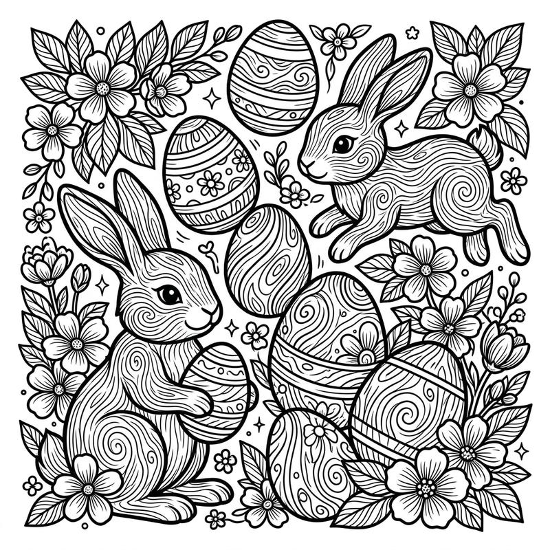 Dive into the festive spirit with this enchanting Easter coloring page, featuring delightful bunnies and beautifully decorated eggs. Each element is intricately designed with captivating wood grain patterns, offering a unique artistic challenge.