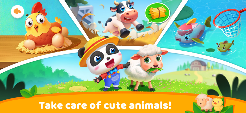 Little Panda's Town: My Farm - Little Panda con animales de granja incluyendo una vaca, oveja, gallina y peces en un colorido entorno de granja