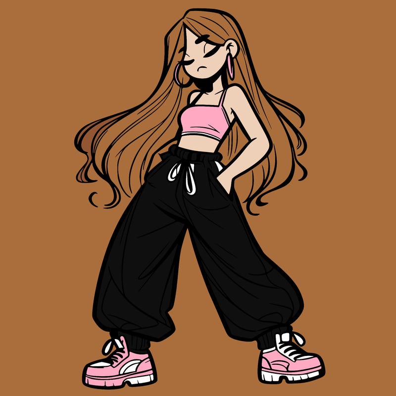 girl in baggy pants crop top and long hair