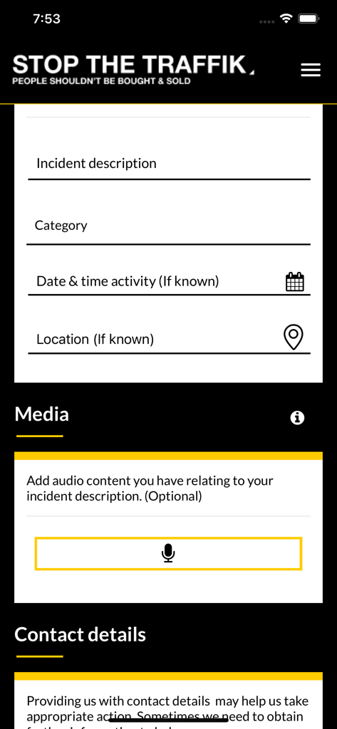 Incident report screen in The STOP APP with fields for description location and audio recording