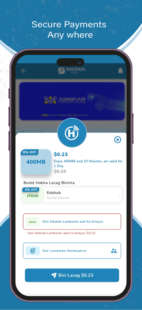 Secure mobile data payment interface for Somali networks
