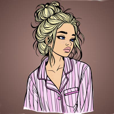 realistic woman with pajamas on and a messy bun