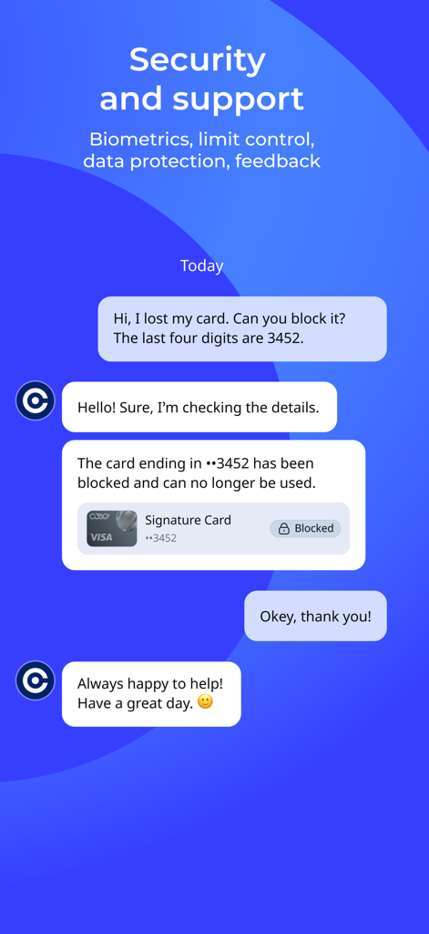 Converse Mobile - Converse Mobile app screen showing a customer support chat for instant card blocking