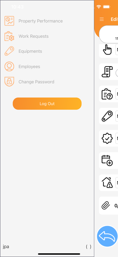 Inigma - Side navigation menu in the Inigma app showing management options for property performance work requests and equipment.
